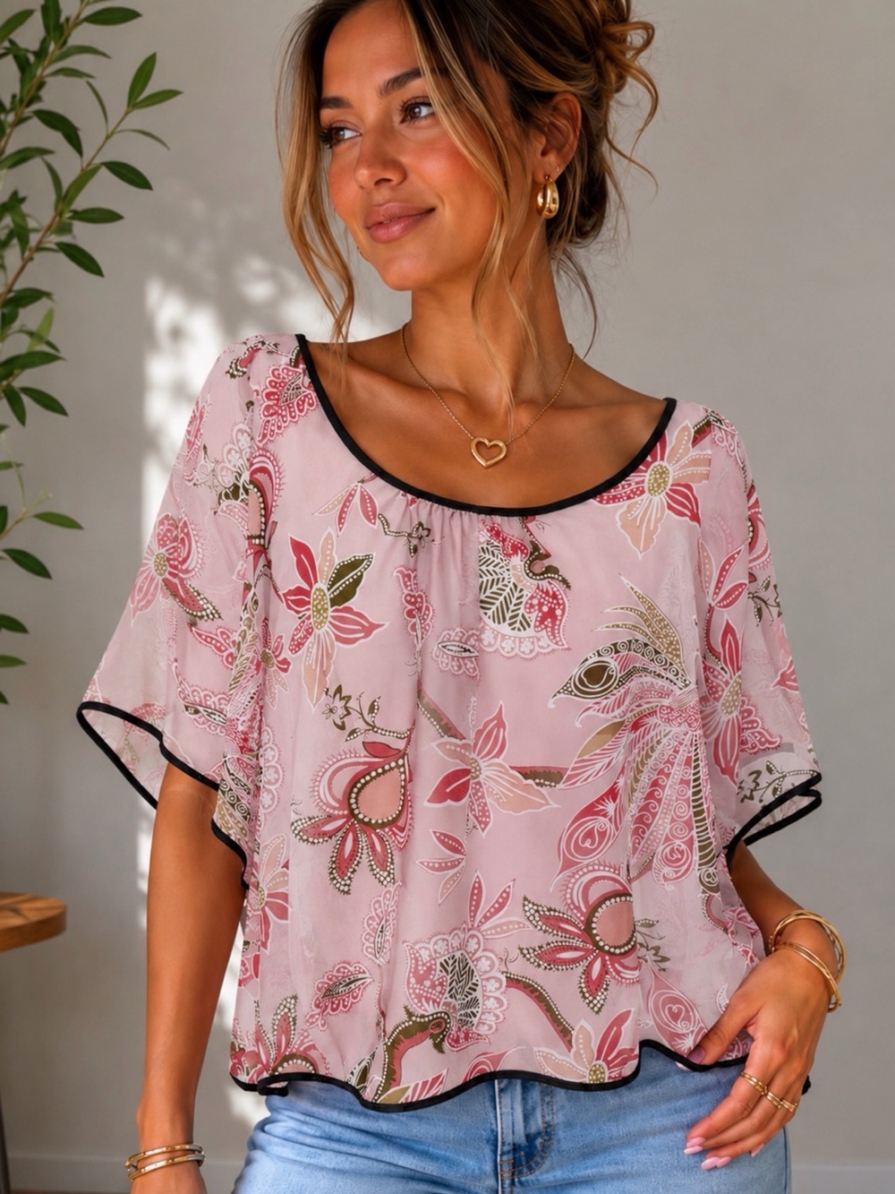 Cecico Blush Pink Sheet Floral High/Low Blouse with Charcoal Trim - Size Small
